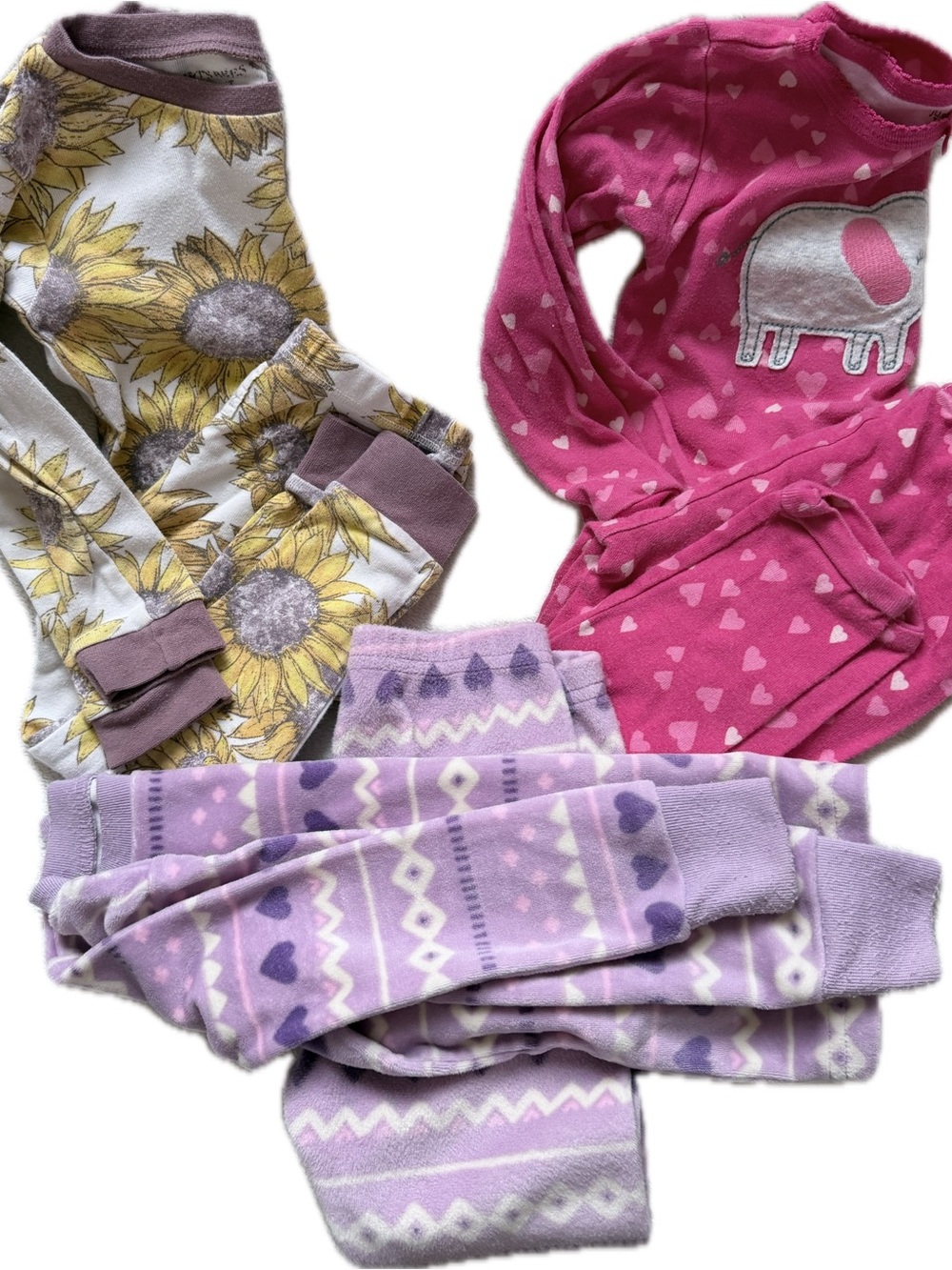 Girls Pajama Bundle - Sunflower, Pink Heart Elephant & Lavender Fleece